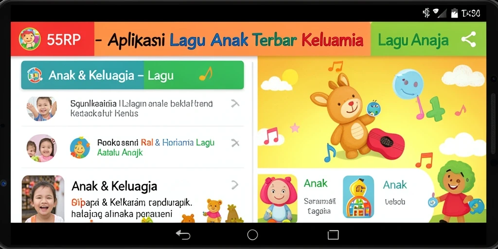 Antarmuka aplikasi 55RP menampilkan berbagai pilihan lagu anak yang menarik.