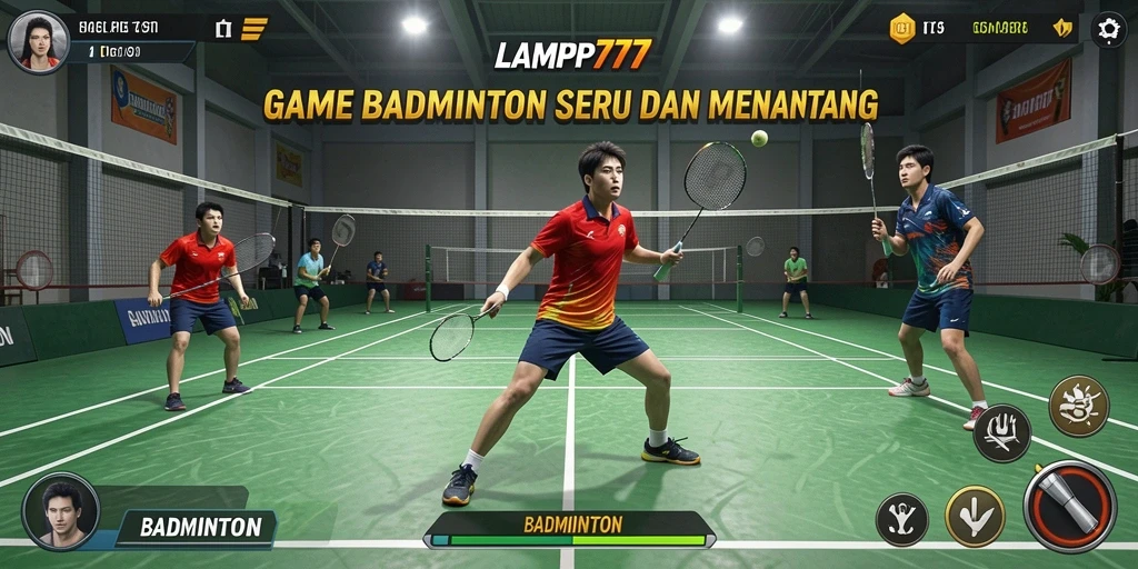 Tampilan antarmuka utama LAMPU777 dengan karakter badminton.